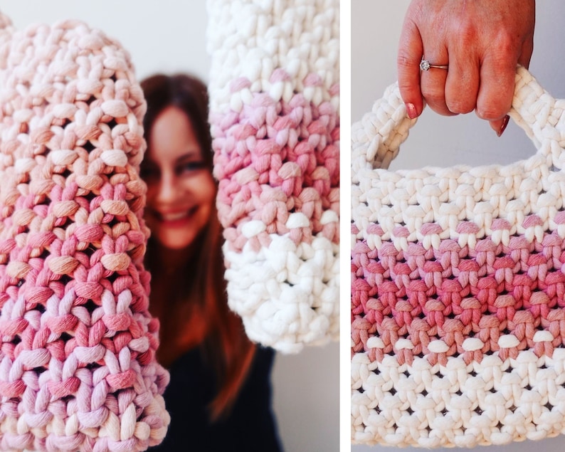 May include: Handmade crochet bag in shades of pink and white. The bag features a textured, woven design with a gradient effect. The handles are also crocheted, and the bag appears sturdy and well-crafted. A stylish and unique accessory.