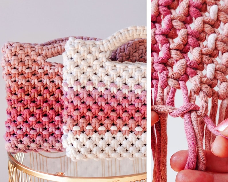 May include: Two macrame tote bags in shades of pink and white. The bags have a woven texture and sturdy handles. The macrame design is visible in a close-up shot, showcasing the knotting technique and color gradient.
