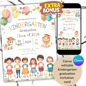 Kindergarten Graduation Editable Canva Invitation, Kindergarten Announcement Party Invite, Kindergarten Electronic Template EXTRA BONUS