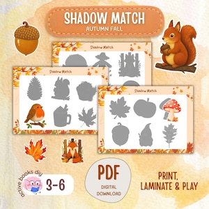 Könnte beinhalten: Ein digitales PDF-Aktivitätsset mit dem Titel Shadow Match Autumn Fall, das druckbare Arbeitsblätter mit Silhouetten von Eicheln, Eichhörnchen, Blättern, Pilzen und Vögeln enthält. Das Set bietet herbstliche Grafiken für Kinder im Alter von 3-6 Jahren.