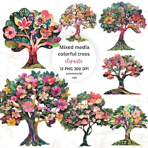 Puede incluir: Una colección de imágenes prediseñadas de árboles coloridos de técnica mixta. Los árboles presentan colores vibrantes y están adornados con varias flores y follaje. La imagen incluye el texto "Mixed media colorful trees cliparts 12 PNG 300 DPI commercial use."