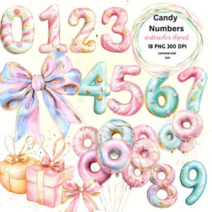 Números de dulces de cumpleaños, conjunto de imágenes prediseñadas de acuarela, fabricación de tarjetas, sublimación de donas, suministros para scrapbooking, proyectos de arte digital, piruleta, caja de regalo