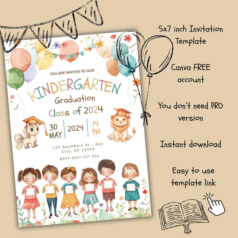 Kinder Invit Kindergarten Graduation Editable Canva Invitation, Kindergarten ...