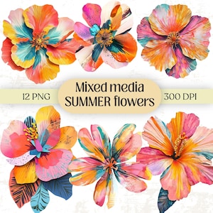 ミックスメディアの花のコラージュPNG – カラフルな花柄パッチワークペイントジャンクジャーナルキット＆印刷可能なウィムジーヴィンテージスクラップブックの花のクリップアート
