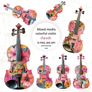 May include: A collection of colorful violin cliparts with floral designs. The violins feature a mix of pink, orange, yellow, and blue hues, with detailed floral patterns. The image includes the text "Mixed media colorful violin cliparts".