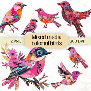 ミックスメディアの鳥のコラージュPNG - カラフルな花のパッチワークペイントのジャンクジャーナルキットと印刷可能な気まぐれなヴィンテージバードウォッチングシュールスクラップブック