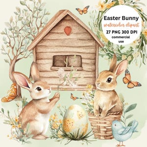 Pasen aquarel clipartbundel, paashaas, eieren, lentebloemen, vogels, drie, paasmanden, vlinder, scrapbooking, sublimatie