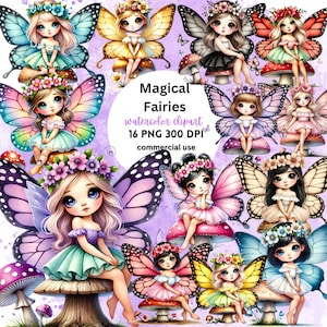 Clipart fée aquarelle, lot printanier enchanteur, design fantaisiste, téléchargement numérique instantané, papillon, champignon, sublimation, autocollants