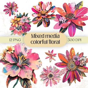 Clipart floral PNG para técnica mista, recorte preciso de flores em patchwork, kit para diário de arte, arquivo DTF floral colorido, download digital para scrapbook, uso comercial.