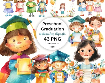 Preschool Graduation Clipart PNG, Kindergarten Grad Watercolor, PreK Ceremony Graphics, Diploma Clipart, Commercial Use Instant Download