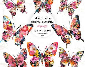 Butterfly Clipart PNG Mixed Media, Patchwork Collage Fussy Cut, Junk Journal Kit, Scrapbook Digital Download, Boho Butterfly, Commercial Use