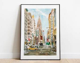 May include: Watercolor painting of a city street scene with tall buildings, a yellow taxi cab, and pedestrians. The buildings are painted in shades of brown, yellow, and gray. The sky is blue with white clouds.