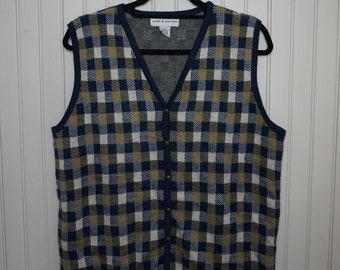 Croft & Barrow Sweater Vest - Checkered - Navy, Tan, White - Size XL - 177