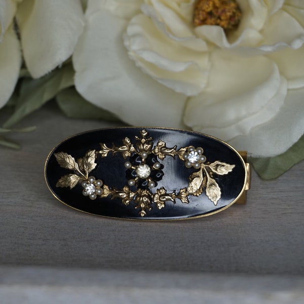 vintage Black Enamel Lipstick Holder - Faux Pearls and Gems - Built in Mirror - Cosmetics - Floral - 119