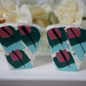 90s Vintage Retro Salt and Pepper Shakers - MCM - Kitchen Home Decor - Blue, Teal and Pink - Black Splatter - Handmade - 200