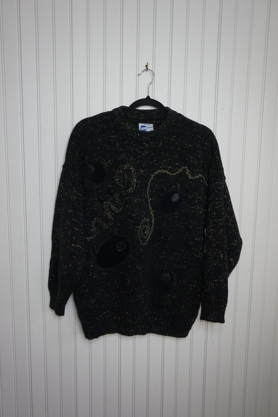 Vintage 80's Black Acrylic Sweater - Gold Sparkly 