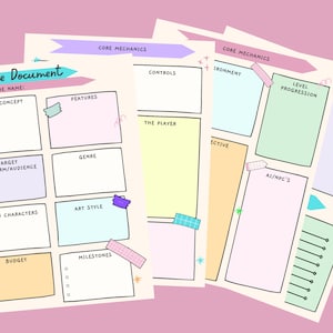 Op de afbeelding: Een printbare game document sjabloon met secties voor game concept, functies, doelplatform, genre, hoofdpersonages, kunststijl, budget, mijlpalen, besturing, omgeving, level progressie, AI/NPC's en toekomstige updates.