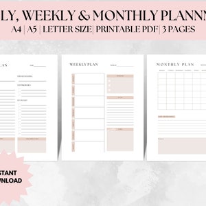 Daily Weekly Monthly Planner Printable Pages Planner Bundle Printable Life Planner Set Minimalist Design A4 A5 & Letter Size
