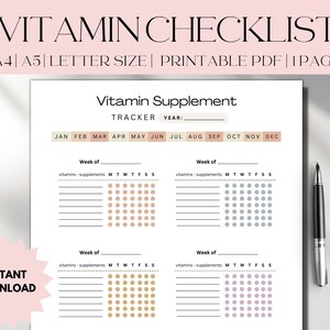 Vitamin Tracker, Vitamin Supplement Tracker, Printable Medication Tracker, Medication Checklist, Undated Digital Planner, A4, A5, US Letter