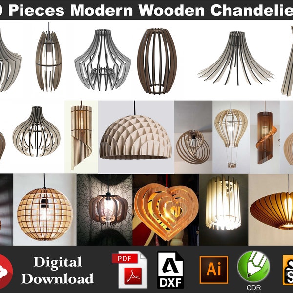 Lustre en bois découpé au laser 20 pièces | Luminaire suspendu | Lustre moderne en bois, lampe suspendue Lustre moderne en bois, abat-jour numérique