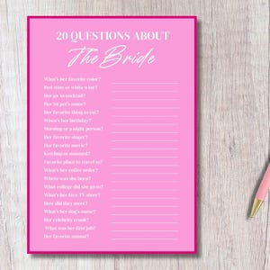 20 Questions Bridal Shower Game | Pink Bridal Shower |