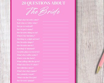 20 Questions Bridal Shower Game | Pink Bridal Shower |