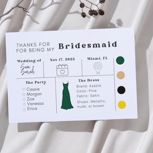 Op de afbeelding: Een witte kaart met de tekst "THANKS FOR BEING MY Bridesmaid". Het bevat details over een bruiloft, inclusief datum, locatie en namen van de bruidsmeisjes. Een groene jurk illustratie is ook aanwezig.