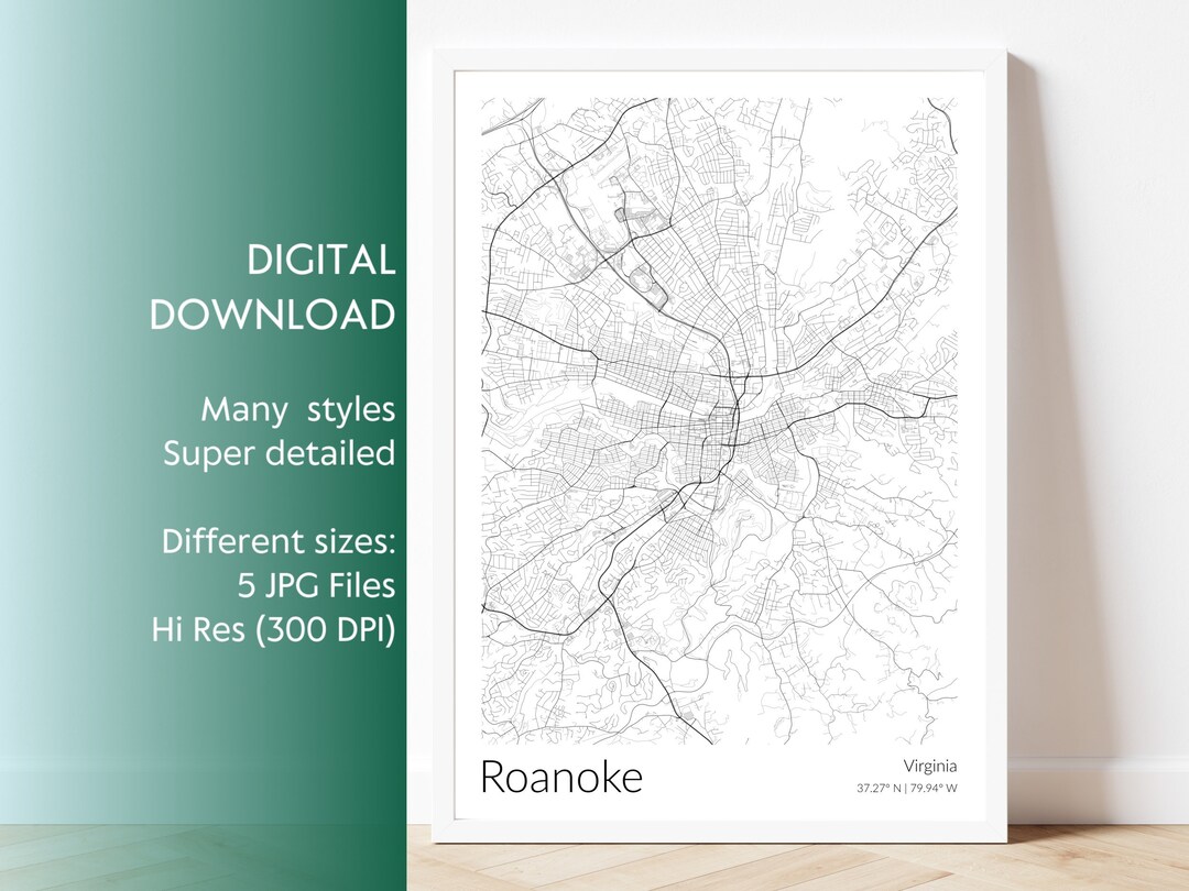 Roanoke Map Print Roanoke Map Poster Virginia Print White Minimalist Map of Roanoke Modern Wall ...