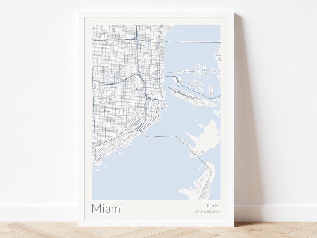 Miami Digital Map Print Miami Colour Map Poster Florida City Map Print ...