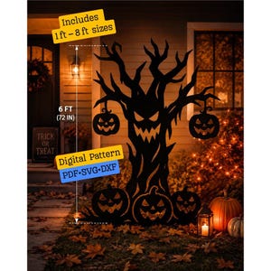 May include: A black silhouette of a spooky tree with a jagged face and three jack-o'-lanterns at its base, plus two hanging jack-o'-lanterns. Text overlays indicate: Includes 1ft - 8ft sizes, 6 FT (183 cm), and Digital Pattern PDF-SVG-DXF.