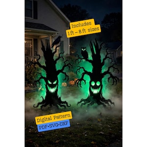 May include: Two black, spooky tree silhouettes with glowing green eyes and jagged mouths, featuring a crow and an owl perched on branches. Text reads: Includes 1 ft - 8 ft sizes and Digital Pattern PDF-SVG-DXF. These are decorative lawn cutouts.