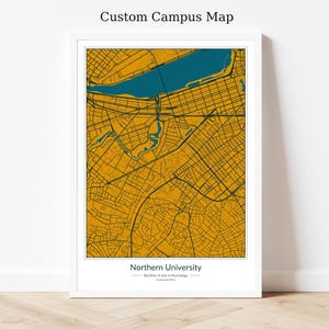 Impression de carte de la ville du campus - affiche de carte numérique de l'université, oeuvre d'art colorée du campus, décoration imprimable de dortoir universitaire, cadeau de fin d'études secondaires