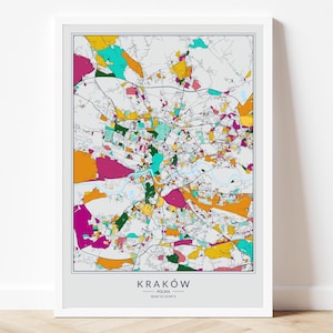 Póster del mapa de Cracovia, arte del mapa a color de Cracovia, impresión del mapa colorido de Cracovia, arte mural de viaje vibrante de Cracovia, obra de arte de Cracovia, mapa de la ciudad polaca