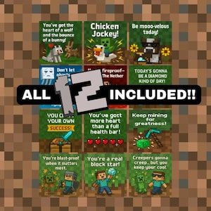 Notas para a Lancheira do Minecraft – 12 Cartões para Imprimir para Crianças | Download Digital para Incentivo aos Gamers
