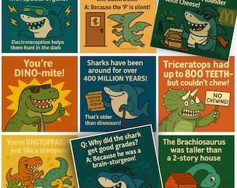 Dinosaur & Shark Lunch Notes with Jokes for Kids (Printable)