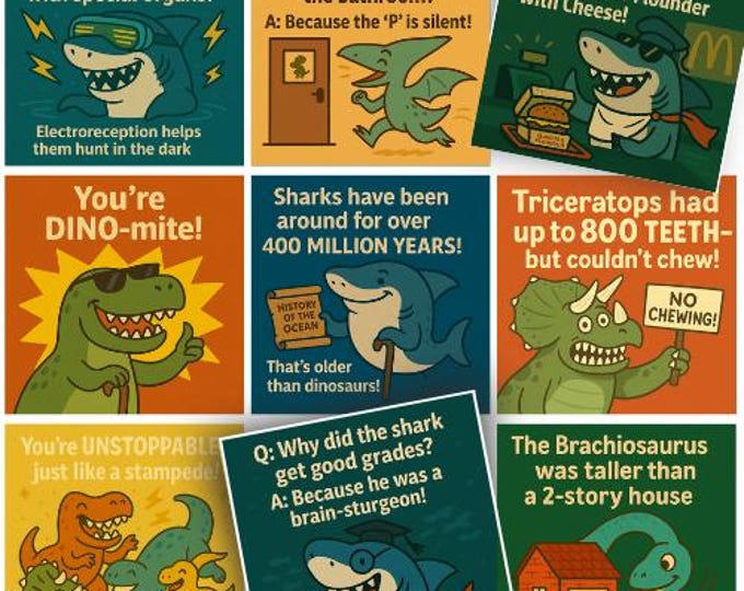 Dinosaur & Shark Lunch Notes with Jokes for Kids (Printable)