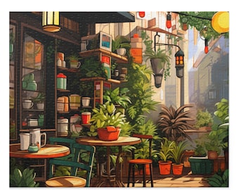 Enchanting Urban Oasis Café Puzzle Scene - Lush Greenery & Eclectic Ambience for Puzzle Masters
