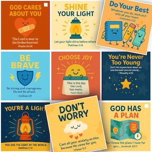 May include: A collection of nine square cards with inspirational messages. Each card features a unique design with text and illustrations, including a heart, lantern, and map. The cards are in various colors, such as orange, blue, and yellow.
