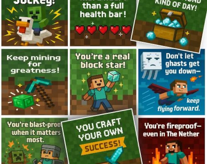 Minecraft Lunch Box Notes – 12 Printable Cards for Kids | Digital Download Encouragement for Gamers