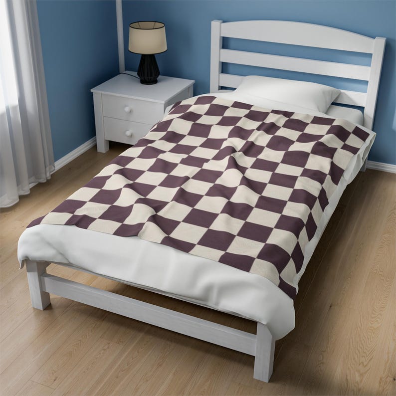 Checkerboard Comfort Plum & Cream Velveteen Blanket Etsy
