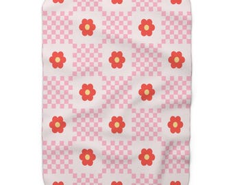 Pink Checkerboard + Floral Sherpa Fleece Blanket | Cozy Retro Throw | Soft & Stylish Home Decor