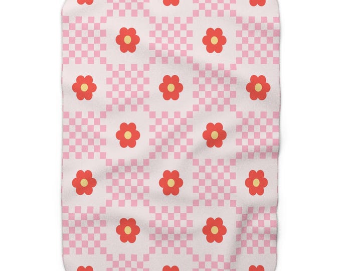 Pink Checkerboard + Floral Sherpa Fleece Blanket | Cozy Retro Throw | Soft & Stylish Home Decor
