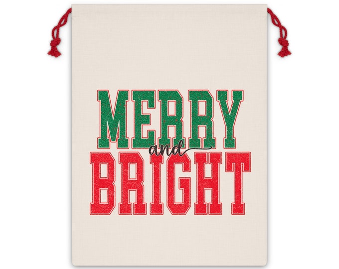 Merry and Bright Drawstring Christmas Bag
