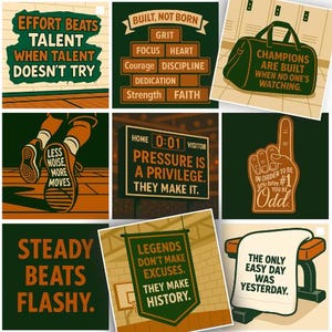 Puede incluir: Colección de impresiones artísticas con citas motivacionales, incluyendo "Effort Beats Talent" y "Pressure Is a Privilege." Cada impresión presenta un diseño único con texto en negrita y una estética vintage.