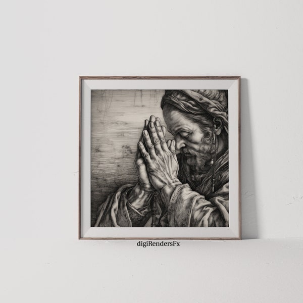 Antique Pen and Ink Drawing of Praying Man, PRINTABLE Downloadable art, Wall Decor