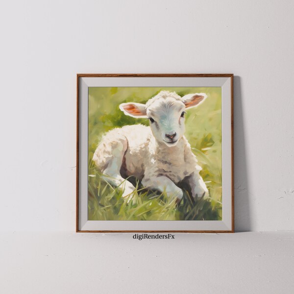 Oil Painting of a Cute Baby Sheep, Digital art, Printable, Home decor, Wall decor, Farm animal, Spring