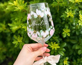 Hand Painted White Wine Glass | Spiral Floral Design, Personalised Gift