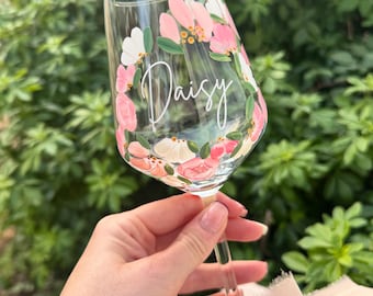 Hand Painted White Wine Glass | Spiral Floral Design, Personalised Gift