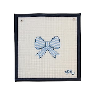 Hand Painted Needlepoint Canvas- Bow Series, May, Blue and White Stripes