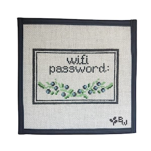 Hand Painted Needlepoint Canvas- Wi-Fi Password with Blue Berries